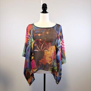 Chico's Silk Blouse Dolman Sleeve Sheer Artsy Boho Art Deco Flowy Size M/L